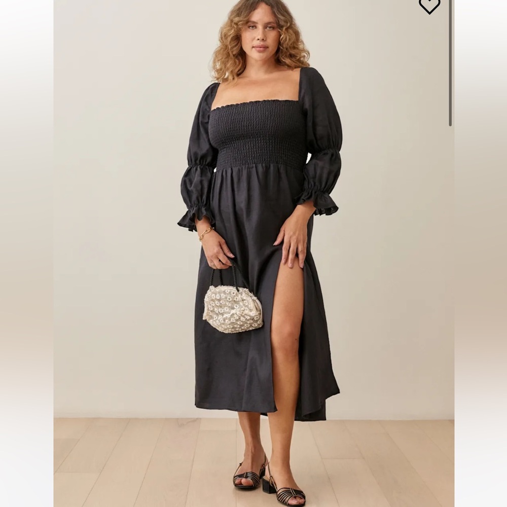 Reformation Hyland Black Smocked Linen Dress